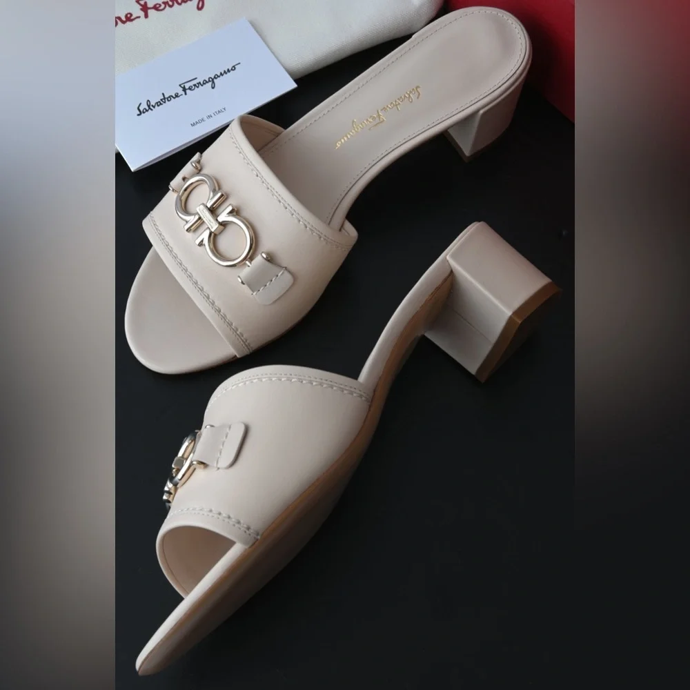 Salvatore Ferragamo‎ Rhodes Bone Calf Leather Slide Mule Heels 4cm Italy 6.5C